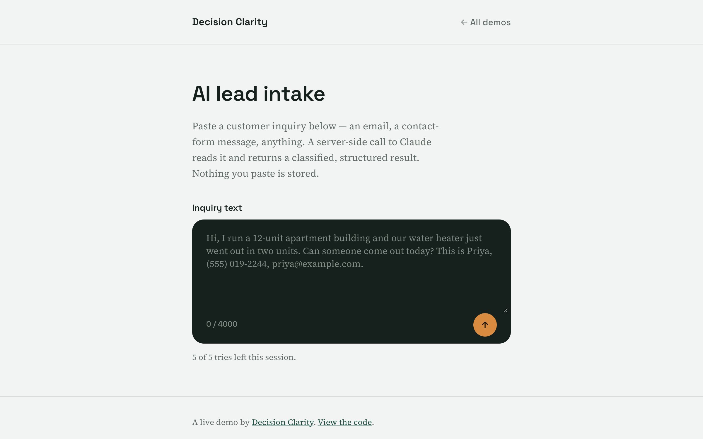 Screenshot of the AI lead intake demo